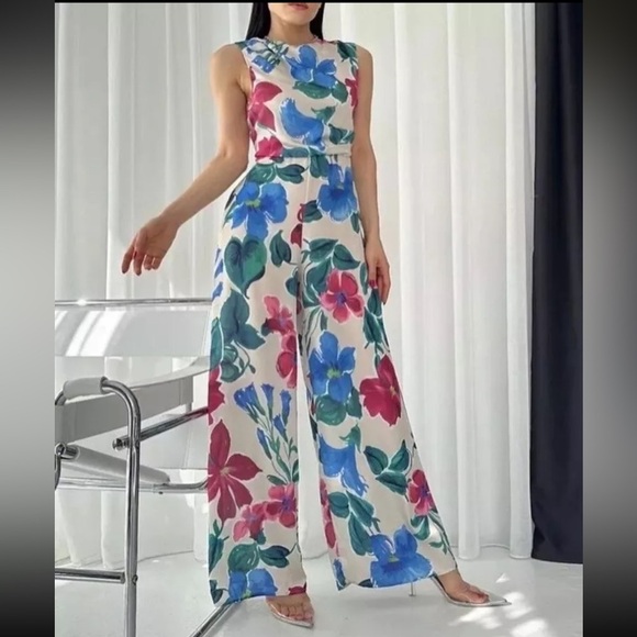 Zara Floral Satin Wide Leg Sleeveless Jumpsuit - Picture 7 of 14